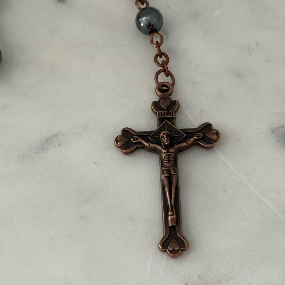 Bronze Crucifix Rosary with Onyx Beads